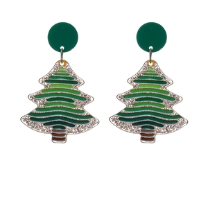 Festive green Christmas tree earrings with glitter accents and a striped holiday design