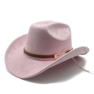 Pink felt western cowboy hat with a brown leather strap and golden metal buckle details