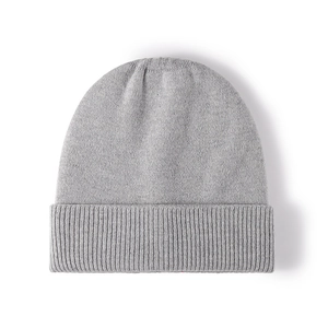 Light gray knit beanie for women with wide ribbed cuff and warm wool blend material