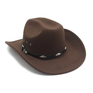 Classic dark brown felt cowboy hat with leather band and metal rivets for men