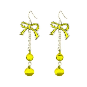 Detail of lime green bow earrings with silver chains and sphere pendants for Christmas