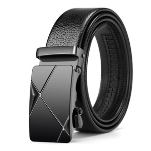 Men's business belt with black lychee grain leather and sleek geometric auto buckle