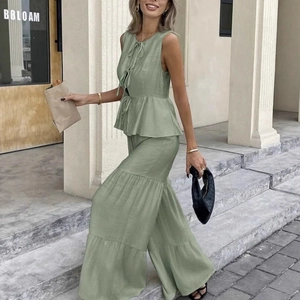 Women Sleeveless Bow Tie Peplum Top And Tiered Wide Leg Pants Outfits Vacation Streetwear Casual Crepe Texture
