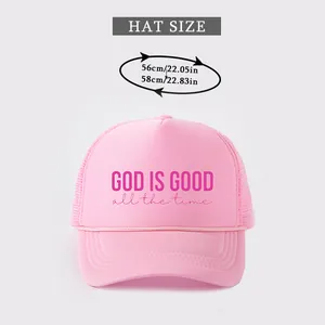 Size chart for God Is Good pink trucker hat with 56-58cm head circumference guide
