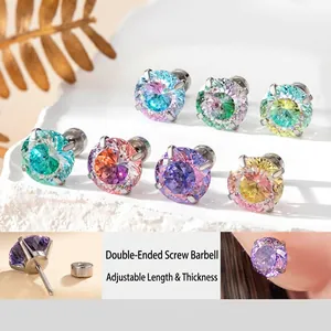 Round Gradient Cubic Zirconia Stud Earrings Titanium Steel Bird Nest Cut Screw Back Helix Cartilage Jewelry For Women