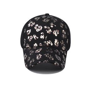 Detail of black leopard print baseball cap with breathable mesh back and pony tail hole