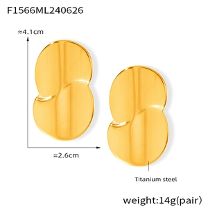 Detailed view of large gold titanium steel teardrop earrings with dimensions 4.1cm by 2.6cm