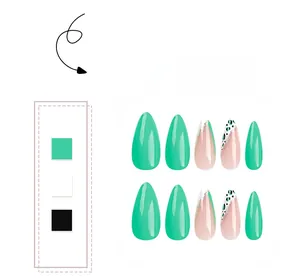 Detailed set of green press-on nails with leopard print and gold glitter french tips