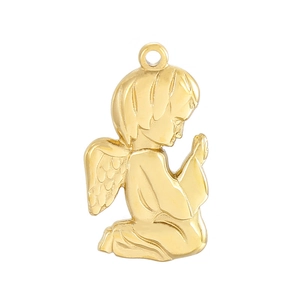 Gold angel pendant necklace in prayer pose made of durable titanium steel