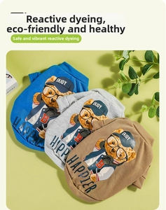 Detailed view of three cotton pet t-shirts featuring cartoon bear prints in blue, grey and brown