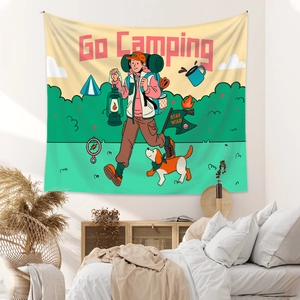 Scène de chambre chaleureuse avec tapisserie murale décorative thème camping et motif randonneur