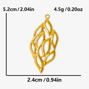 Detail of hollow leaf pendant in gold stainless steel with dimensions and weight