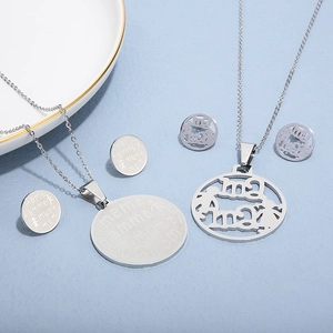 Titanium steel necklace and earring set with round Mama pendants for Mother's Day