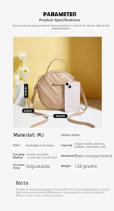 Detailed view of cream leather round bag with V-quilted pattern and size specifications