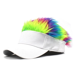 Detailed view of white baseball cap with colorful rainbow faux hair extension wig decor