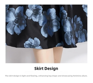 Close-up of floral jacquard hemline featuring large blue flowers on black fabric
