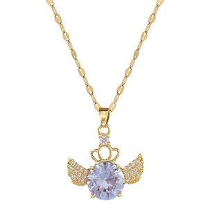 Titanium steel necklace with gold angel wings, crown pendant and central crystal