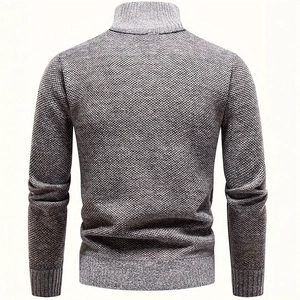 Back view of men's half-zip knit sweater with grey melange texture and stand collar