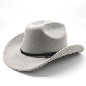 Classic gray western cowboy hat detail featuring felt texture and black braided rope