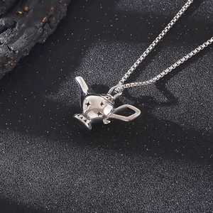 Polished stainless steel Aladdin lamp pendant with star relief on box chain necklace