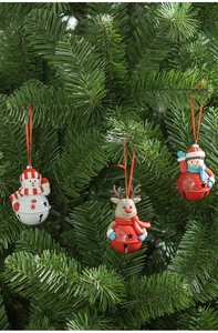 Christmas tree bell charms featuring snowman and reindeer designs on green pine branches