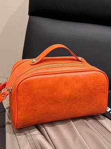 Trousse de maquillage portable en cuir PU orange avec fermeture éclair dorée