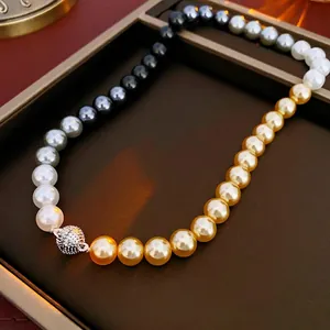 Multicolor Imitation Artificial Pearl Necklace With Rhinestone Pave Magnetic Ball Clasp Vintage French Style Clavicle Chain Women