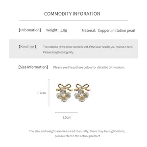 Size chart showing bow flower earring dimensions of 1.7cm height and 1.5cm width
