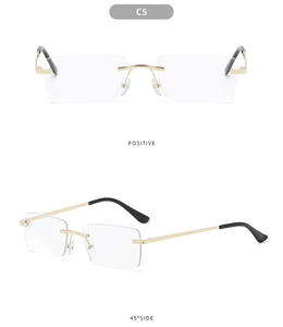 Frameless square vintage sunglasses with gold metal temples and black tips, model C5 detail