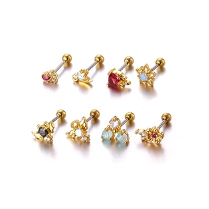 Set of 8 gold stainless steel stud earrings featuring colorful cubic zirconia stones