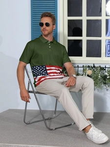 Detail of men's olive polo shirt featuring USA flag print and three-button placket