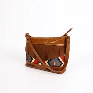 Bohemian fringe crossbody bag with retro geometric ethnic patterns in brown faux leather