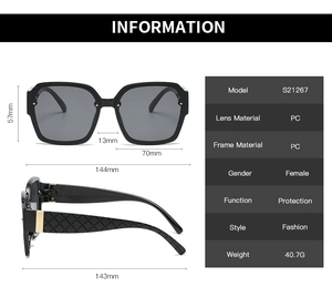 Detailed size specification table and macro view of black square frame sunglasses