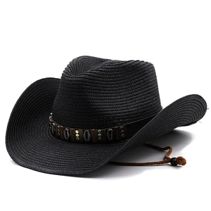 Classic black straw western cowboy sun hat with ethnic shell band and wide brim