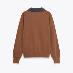 Women's autumn long sleeve knit polo shirt with color block design in brown and grey