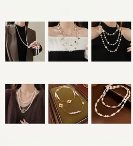 French vintage long pearl necklaces collection with elegant floral zircon pendants