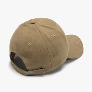 Back view of khaki embroidered baseball cap featuring adjustable metal buckle and twill fabric