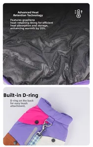 Detail of graphene thermal lining and D-ring buckle on a color-block dog vest