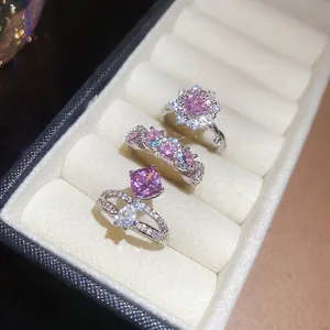 Elegant Pink Zircon Open Adjustable Ring For Women Geometric Flower Rhombic Design Copper Metal Sparkling Accessories