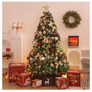 Detailed Christmas tree setup with red gold ornaments, tree skirt, and festive gift boxes