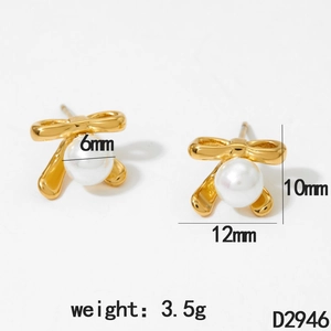 Dimensions détaillées des boucles d'oreilles nœud doré avec perle blanche de 6mm et info