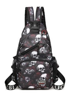 Brusttasche Mit Totenkopf Blumenmuster Oxford Umhängetasche Mit Kopfhörerloch Mehreren Taschen Casual Gothic Streetwear