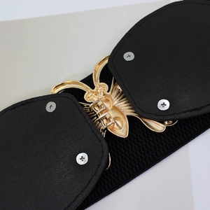 Women's wide elastic waist belt with a decorative golden bee metal buckle in black