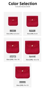 Size guide for velvet jewelry pouches with five dimensions ranging from 6.5cm to 13cm