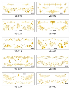 Detailed catalog of 10 gold metallic temporary tattoo styles with hearts and stars patterns