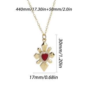 Detailed size measurement of the gold heart cross pendant necklace with red zircon stone