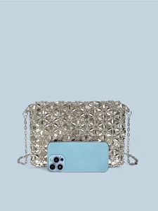 Silver beaded handmade square crossbody bag with metallic sheen and chain strap
