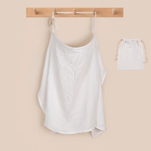 White double-layer cotton nursing cover with a matching drawstring storage bag set