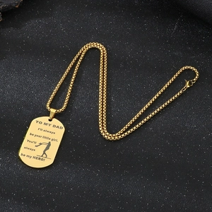 Golden stainless steel military dog tag necklace with engraved message to dad on box chain