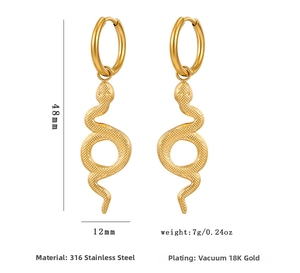 Detail view of 18K gold plated snake drop earring showing dimensions 48mm and 12mm